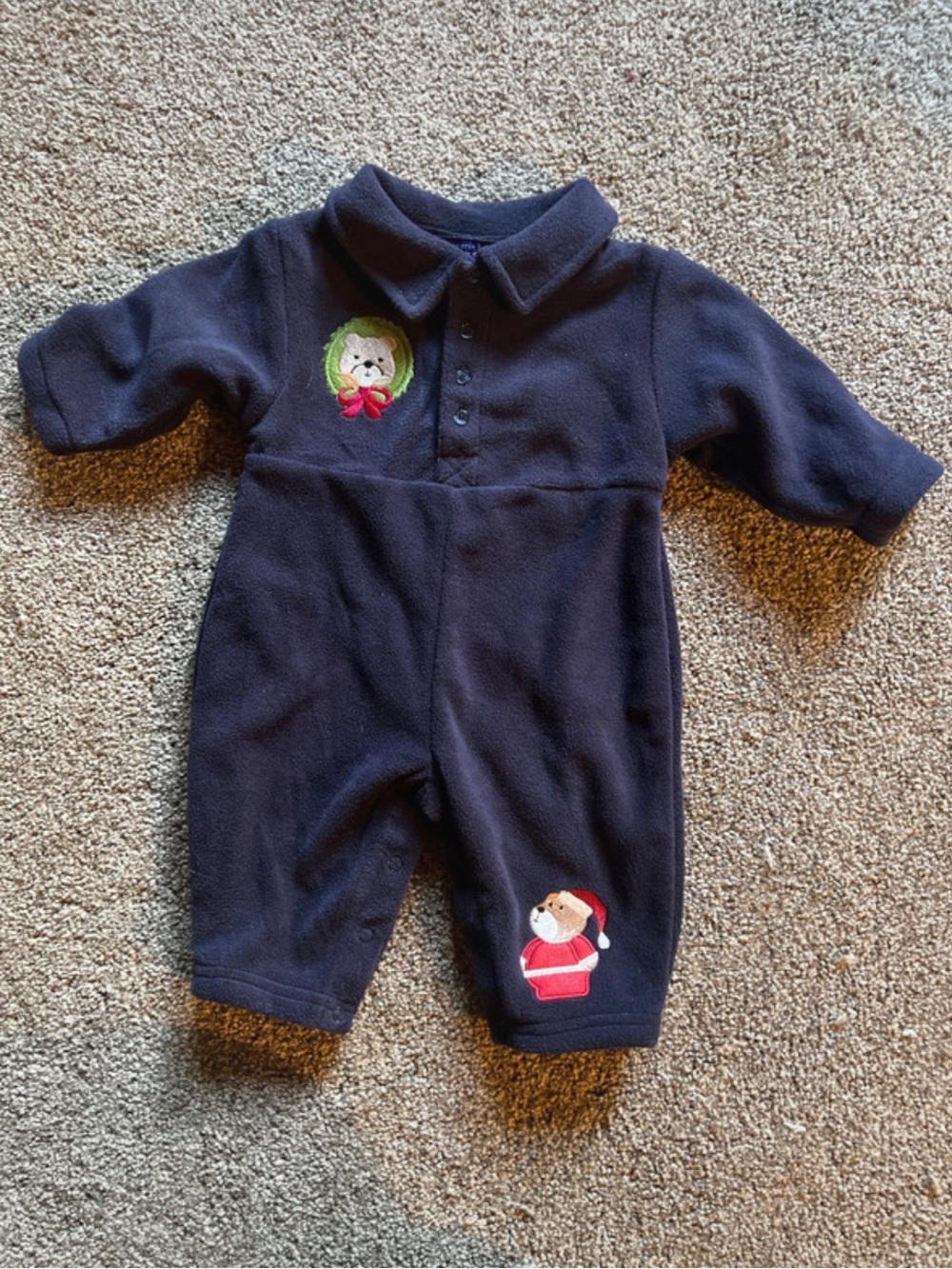 Navy Baby Fleece One-Piece with Holiday Bear Appliqués